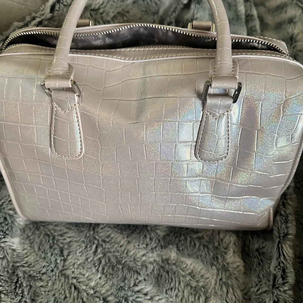 Karl Lagerfeld Iridescent Light Pink Croc-Embossed Satchel
